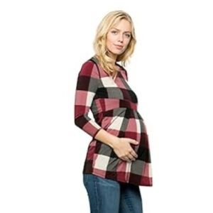 My Bump - Burgundy & Black Plaid Maternity 3/4 Sleeve Pleated Top (Small)